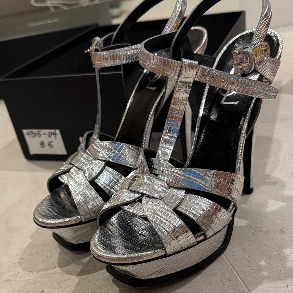 Saint Laurent Silver Strappy Platform Heels